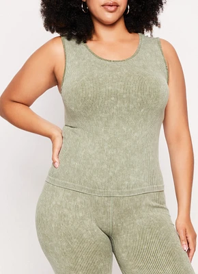 Womens Plus Size Seamless Ribbed Tank Top, Green, Size 1X-2X