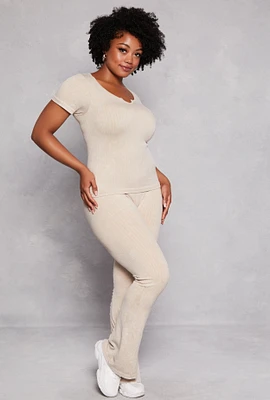 Womens Plus Size Ribbed High Waist Flare Pants, Khaki, Size 1X-2X