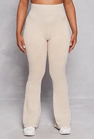 Womens Plus Size Ribbed High Waist Flare Pants, Khaki, Size 1X-2X
