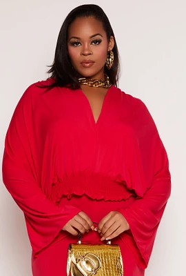 Womens Plus Size Smocked Hem Bell Sleeve Blouse, Red, Size 2X