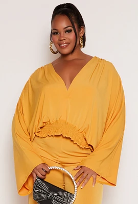 Womens Plus Size Smocked Hem Bell Sleeve Blouse, Yellow, Size 3X