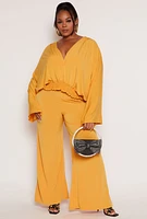 Womens Plus Size Smocked Hem Bell Sleeve Blouse, Yellow, Size 3X