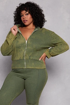 Womens Plus Size Acid Wash Zip Front Top, Green, Size 3X