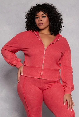 Womens Plus Size Acid Wash Zip Front Top, Red, Size 3X