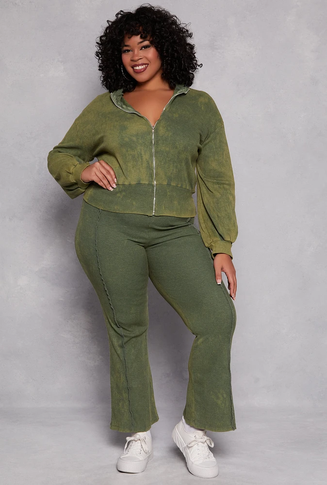 Womens Plus Size Acid Wash Pintuck Flare Pants, Green, Size 1X