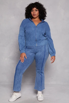 Womens Plus Size Acid Wash Pintuck Flare Pants, Blue, Size 3X