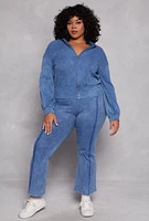 Womens Plus Size Acid Wash Pintuck Flare Pants, Blue, Size 3X