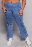 Womens Plus Size Acid Wash Pintuck Flare Pants, Blue, Size 3X