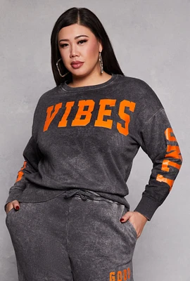 Womens Plus Size Acid Wash Good Vibes Only Sweatshirt, Grey, Size 1X