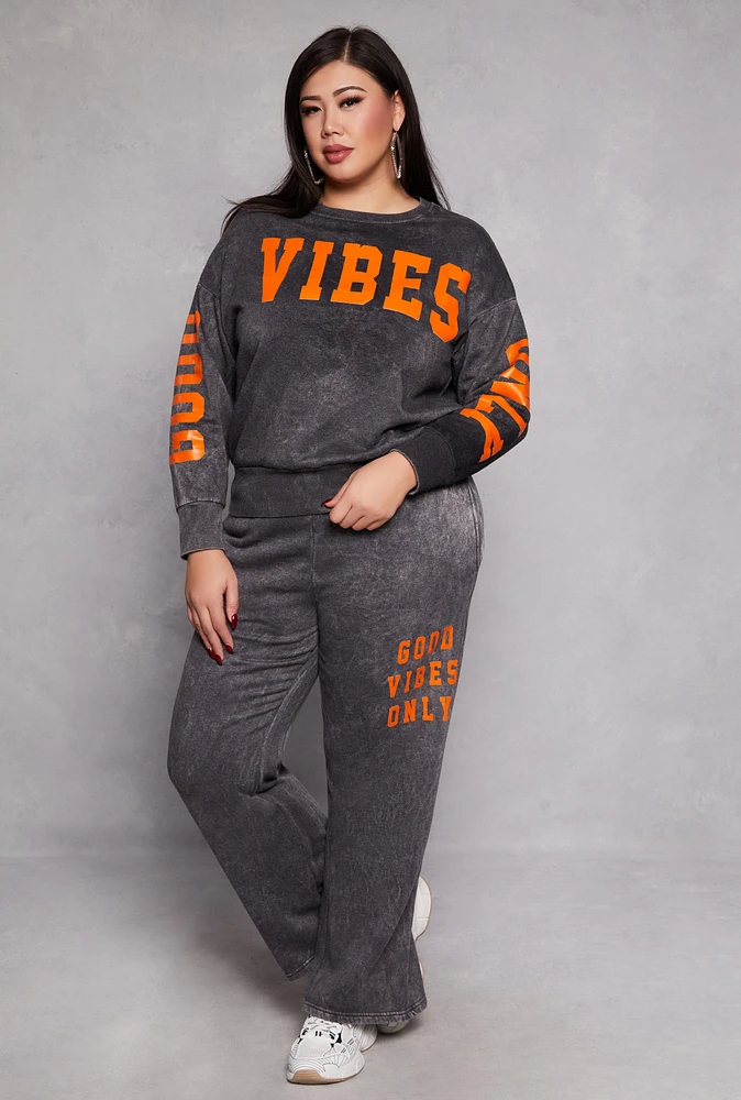 Womens Plus Size Acid Wash Good Vibes Only Sweatpants, Grey, Size 2X