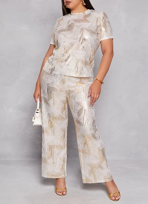 Womens Plus Size Patterned Foil Screen Wide Leg Pants, White, Size 3X