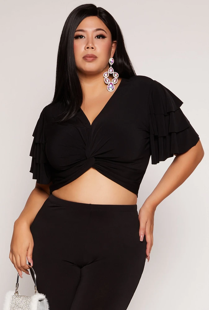 Womens Plus Size Tiered Sleeve Twist Front Crop Top, Black, Size 2X