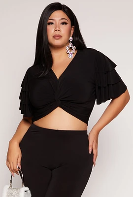 Womens Plus Tiered Sleeve Twist Front Crop Top,