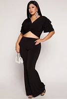 Womens Plus Size Tiered Sleeve Twist Front Crop Top, Black, Size 2X