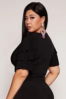 Womens Plus Size Tiered Sleeve Twist Front Crop Top, Black, Size 2X