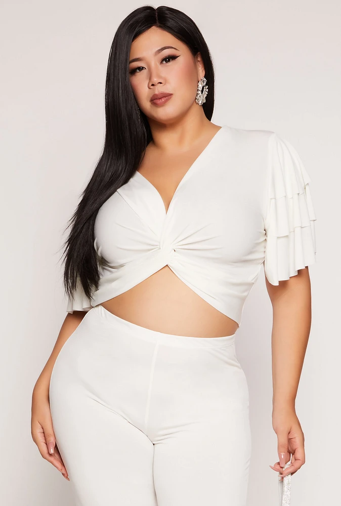 Womens Plus Size Tiered Sleeve Twist Front Crop Top, White, Size 1X