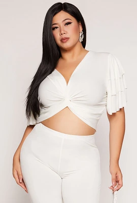 Womens Plus Size Tiered Sleeve Twist Front Crop Top, White, Size 1X