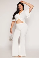 Womens Plus Size Tiered Sleeve Twist Front Crop Top, White, Size 1X