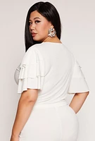 Womens Plus Size Tiered Sleeve Twist Front Crop Top, White, Size 1X