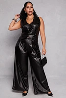 Womens Plus Size Faux Leather Wide Leg Pants, Black, Size 3X