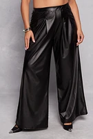 Womens Plus Size Faux Leather Wide Leg Pants, Black, Size 3X