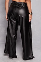 Womens Plus Size Faux Leather Wide Leg Pants, Black, Size 1X