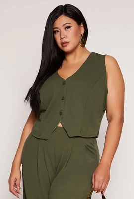 Womens Plus Size Three Button Vest, Green, Size 3X