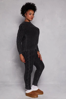 Womens Plus Size Acid Wash Cable Knit High Waist Pants, Black, Size 3X
