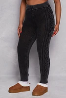 Womens Plus Size Acid Wash Cable Knit High Waist Pants, Black, Size 3X