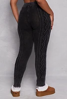 Womens Plus Size Acid Wash Cable Knit High Waist Pants, Black, Size 3X