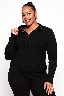 Womens Plus Size Ribbed Knit Zip Neck Sweater, Black, Size 1X