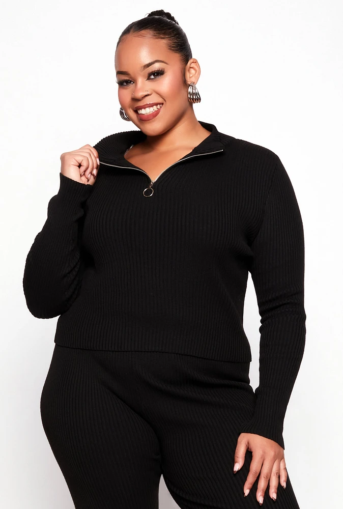 Womens Plus Size Ribbed Knit Zip Neck Sweater, Black, Size 2X