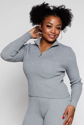 Womens Plus Size Ribbed Knit Zip Neck Sweater, Grey, Size 2X