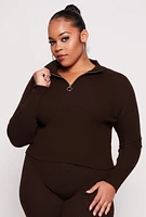 Womens Plus Size Ribbed Knit Zip Neck Sweater, Brown, Size 1X