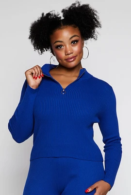 Womens Plus Size Ribbed Knit Zip Neck Sweater, Blue, Size 3X