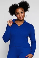 Womens Plus Size Ribbed Knit Zip Neck Sweater, Blue, Size 3X