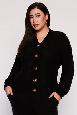 Womens Plus Size Cable Knit Cardigan, Black, Size 1X