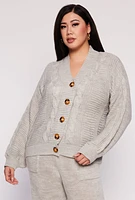 Womens Plus Size Cable Knit Cardigan, Grey, Size 3X