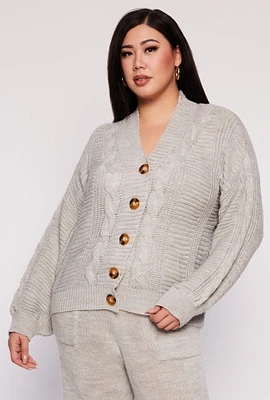 Womens Plus Size Cable Knit Cardigan, Grey, Size 2X
