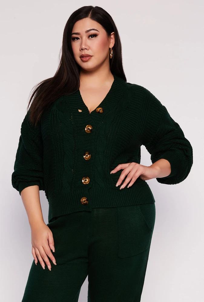 Womens Plus Size Cable Knit Cardigan, Green, Size 2X