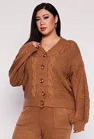 Womens Plus Size Cable Knit Cardigan, Brown, Size 2X