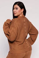 Womens Plus Size Cable Knit Cardigan, Brown, Size 2X