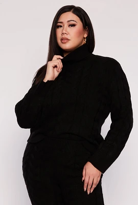 Womens Plus Size Cable Knit Turtleneck Sweater, Black, Size 3X