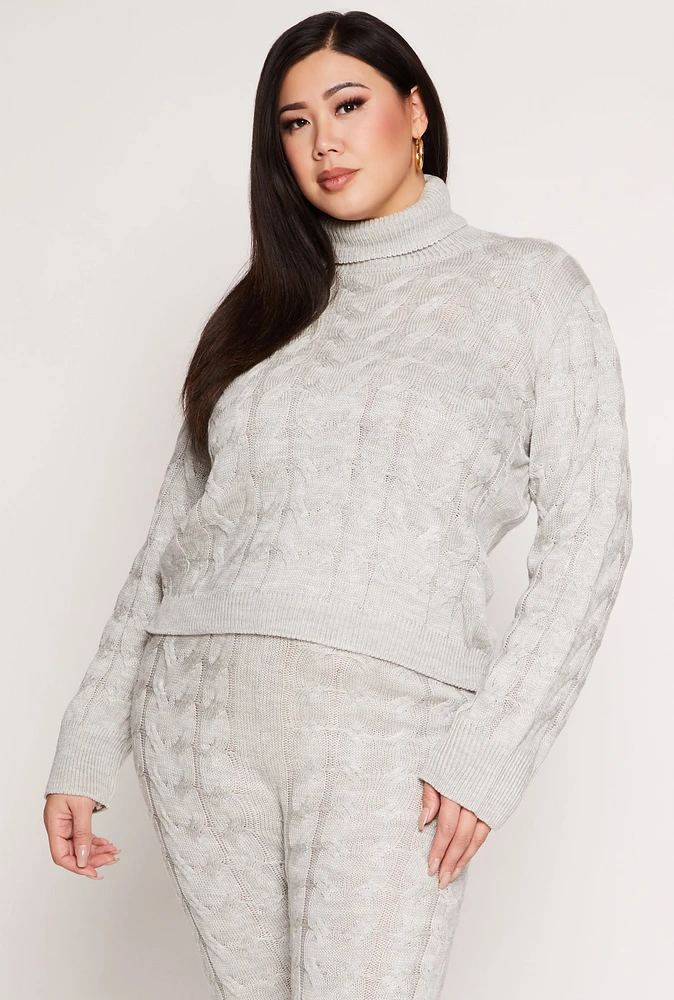 Womens Plus Size Cable Knit Turtleneck Sweater, Grey, Size 1X