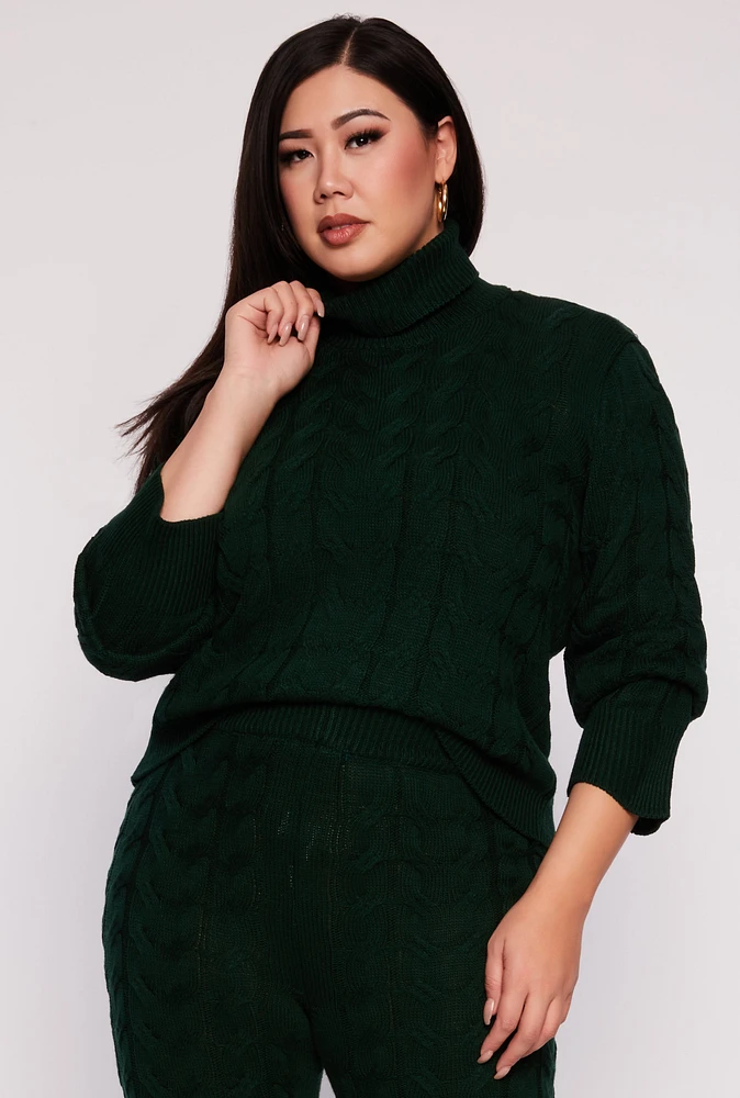 Womens Plus Size Cable Knit Turtleneck Sweater, Green, Size 1X