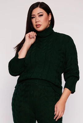 Womens Plus Size Cable Knit Turtleneck Sweater, Green, Size 1X