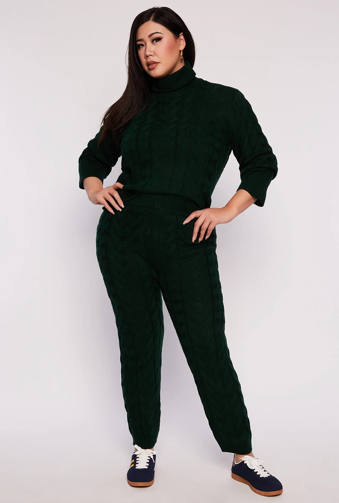 Womens Plus Size Cable Knit Pull On Pants, Green, Size 3X