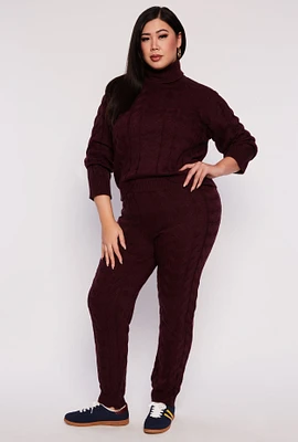 Womens Plus Cable Knit Pull On Pants, Burgundy,