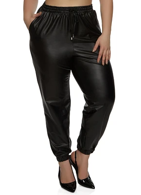 Womens Plus Size Faux Leather High Waisted Joggers, Black, Size 2X