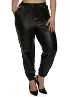 Womens Plus Size Faux Leather High Waisted Joggers, Black, Size 2X